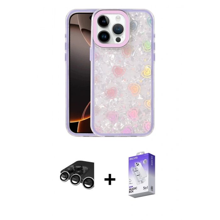 MARSİLYAN™- iPhone 15 Pro Kılıf Odak Prime - Siyah Bilvis 5in1 3D Magic Cam Ekran Koruyucu + Raze Metal Kamera Lens - GS