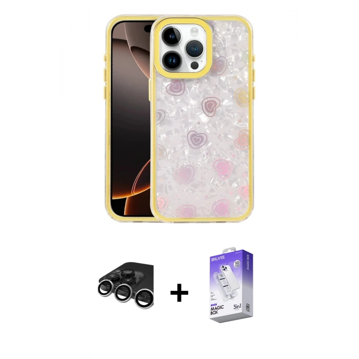 MARSİLYAN™- iPhone 15 Pro Kılıf Odak Prime - Siyah Bilvis 5in1 3D Magic Cam Ekran Koruyucu + Raze Metal Kamera Lens - GS
