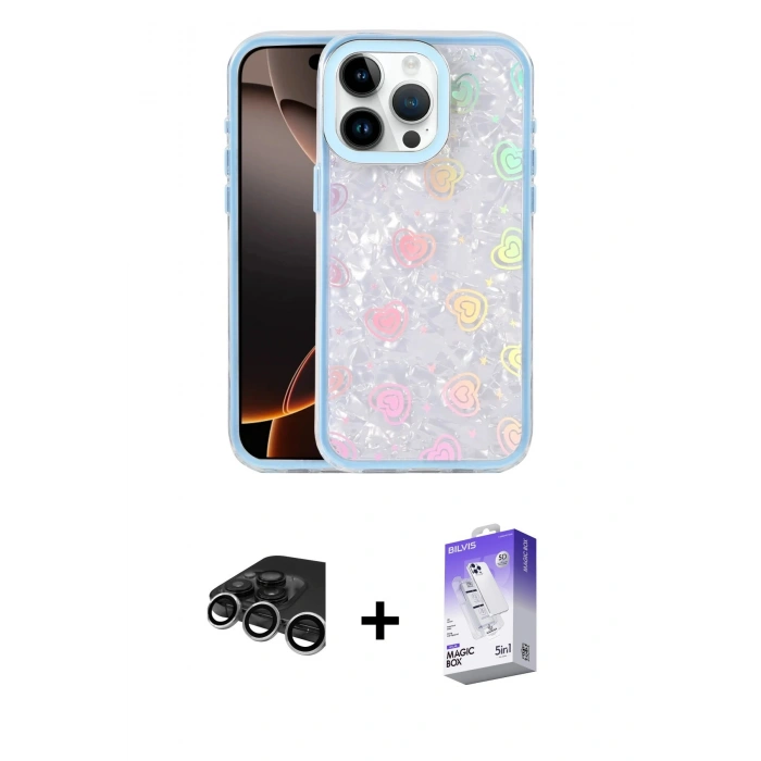 MARSİLYAN™- iPhone 15 Pro Kılıf Odak Prime - Siyah Bilvis 5in1 3D Magic Cam Ekran Koruyucu + Raze Metal Kamera Lens - GS
