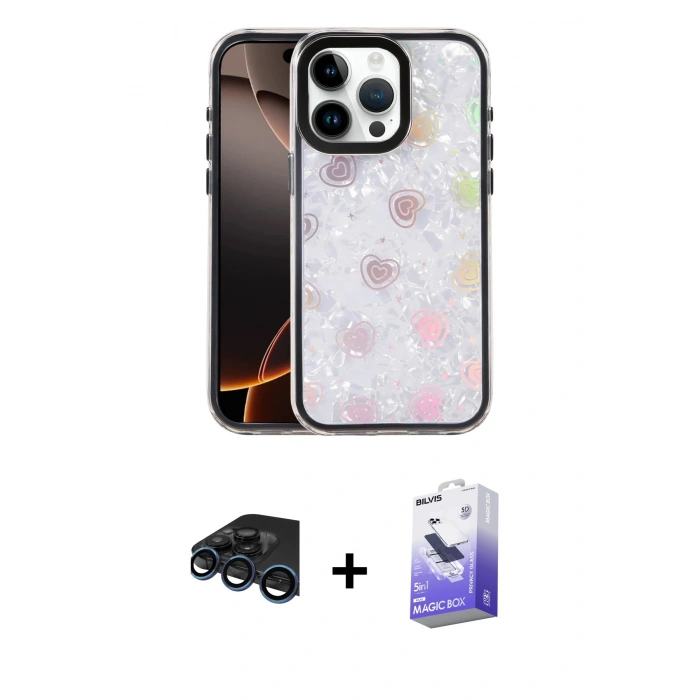 MARSİLYAN™- iPhone 15 Pro Kılıf Odak Prime - Siyah Bilvis 5in1 5D Magic Hayalet Cam Ekran Koruyucu + Raze Metal Kamera Lens - LT