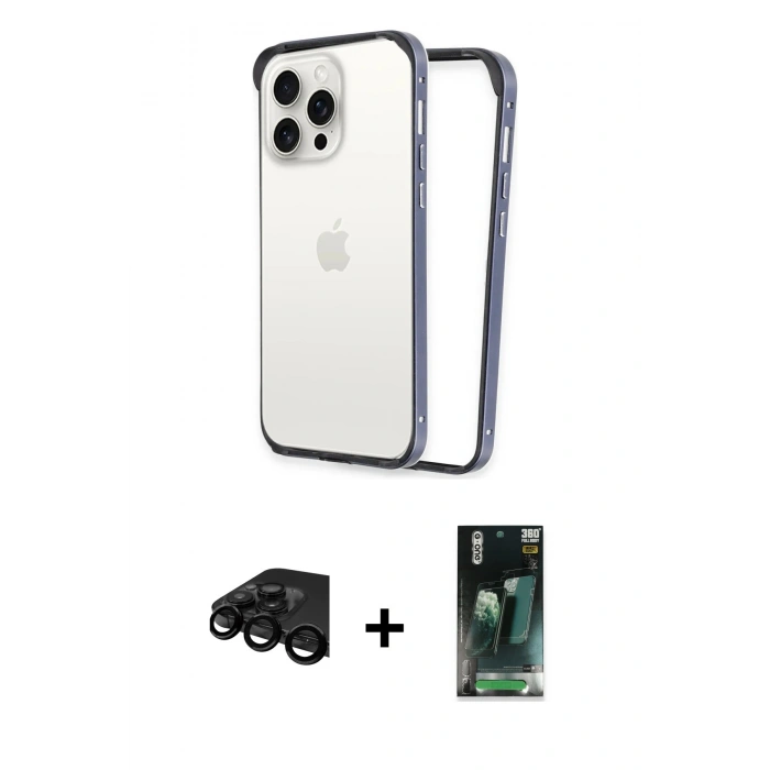 MARSİLYAN™- iPhone 15 Pro Kılıf Pusula Asil Koleksiyonu - Şeffaf 360 Full Body Arka Koruyucu + Raze Metal Kamera Lens - SH