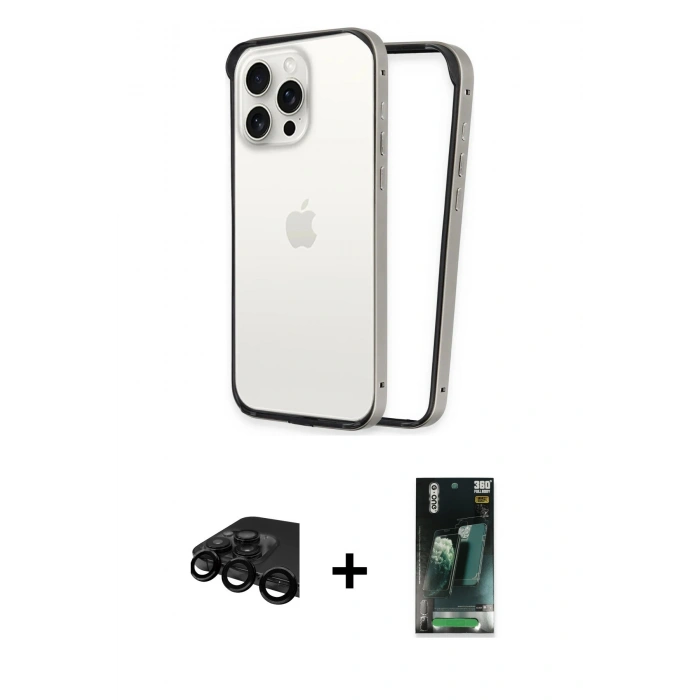 MARSİLYAN™- iPhone 15 Pro Kılıf Pusula Asil Koleksiyonu - Şeffaf 360 Full Body Arka Koruyucu + Raze Metal Kamera Lens - SH