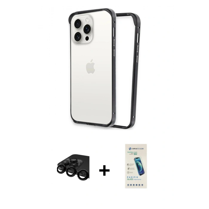 MARSİLYAN™- iPhone 15 Pro Kılıf Pusula Asil Koleksiyonu - Şeffaf Pasifik Cam Ekran Koruyucu + Siyah Raze Metal Kamera Lens