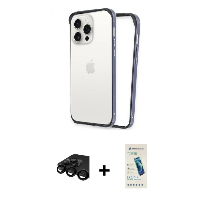 MARSİLYAN™- iPhone 15 Pro Kılıf Pusula Asil Koleksiyonu - Şeffaf Pasifik Cam Ekran Koruyucu + Siyah Raze Metal Kamera Lens
