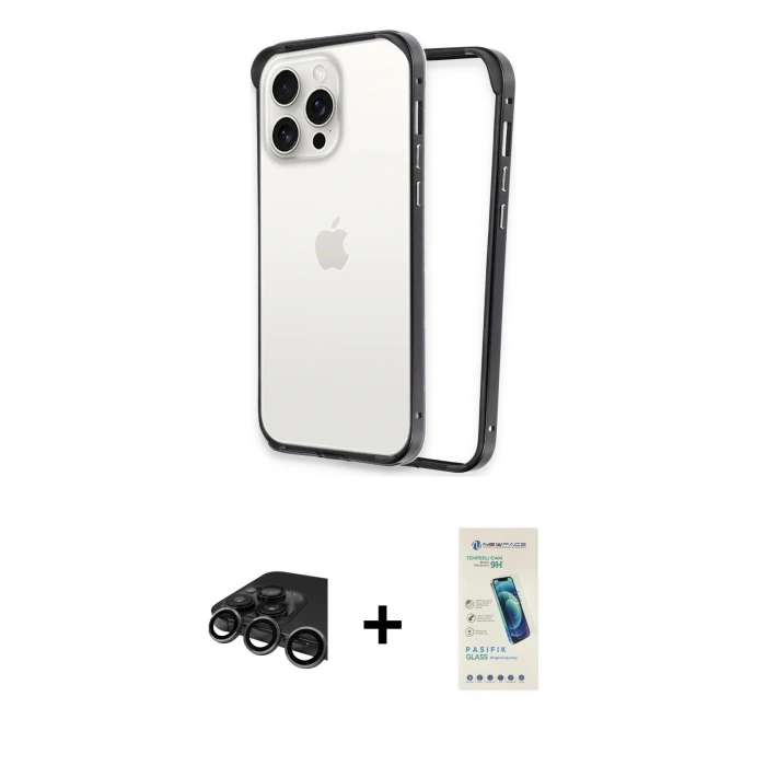 MARSİLYAN™- iPhone 15 Pro Kılıf Pusula Asil Koleksiyonu - Şeffaf Pasifik Cam Ekran Koruyucu + Raze Metal Kamera Lens - TMGI