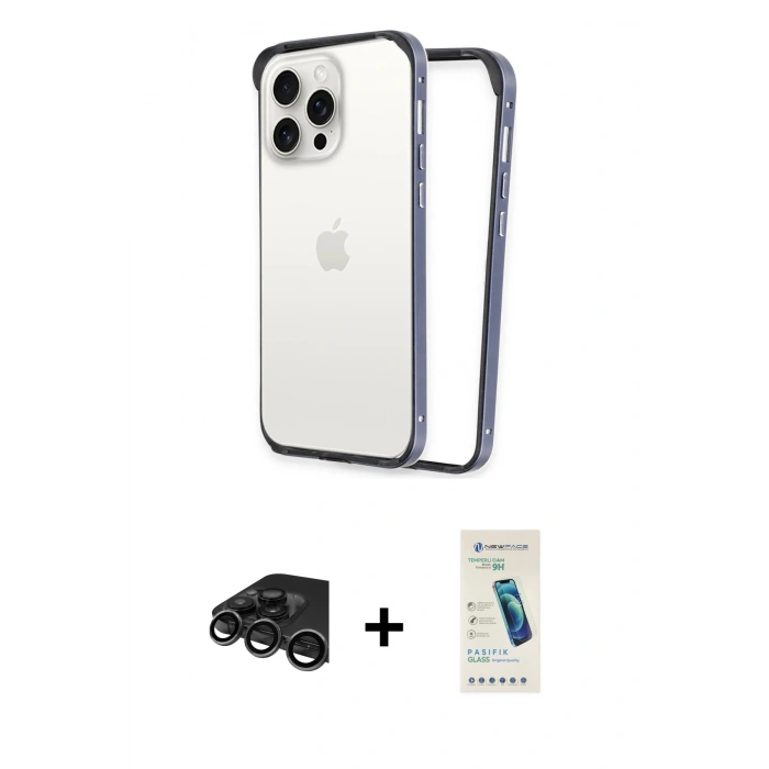MARSİLYAN™- iPhone 15 Pro Kılıf Pusula Asil Koleksiyonu - Şeffaf Pasifik Cam Ekran Koruyucu + Raze Metal Kamera Lens - TMGI