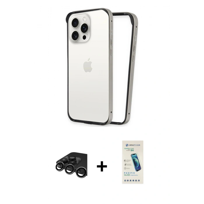 MARSİLYAN™- iPhone 15 Pro Kılıf Pusula Asil Koleksiyonu - Şeffaf Pasifik Cam Ekran Koruyucu + Raze Metal Kamera Lens - TMGI