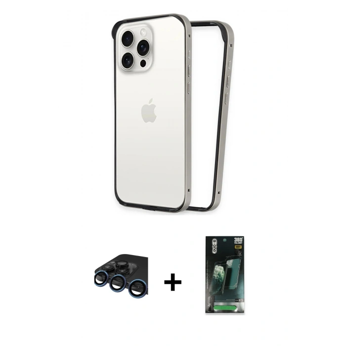 MARSİLYAN™- iPhone 15 Pro Kılıf Pusula Asil Koleksiyonu - Siyah 360 Mat Full Body Arka Koruyucu + Raze Metal Kamera Lens - LT