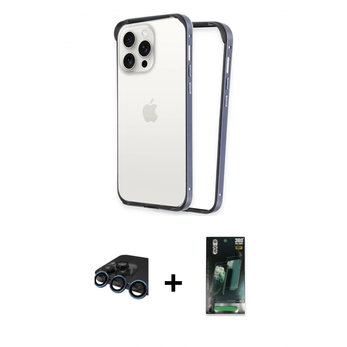 MARSİLYAN™- iPhone 15 Pro Kılıf Pusula Asil Koleksiyonu - Siyah 360 Mat Full Body Arka Koruyucu + Raze Metal Kamera Lens - LT