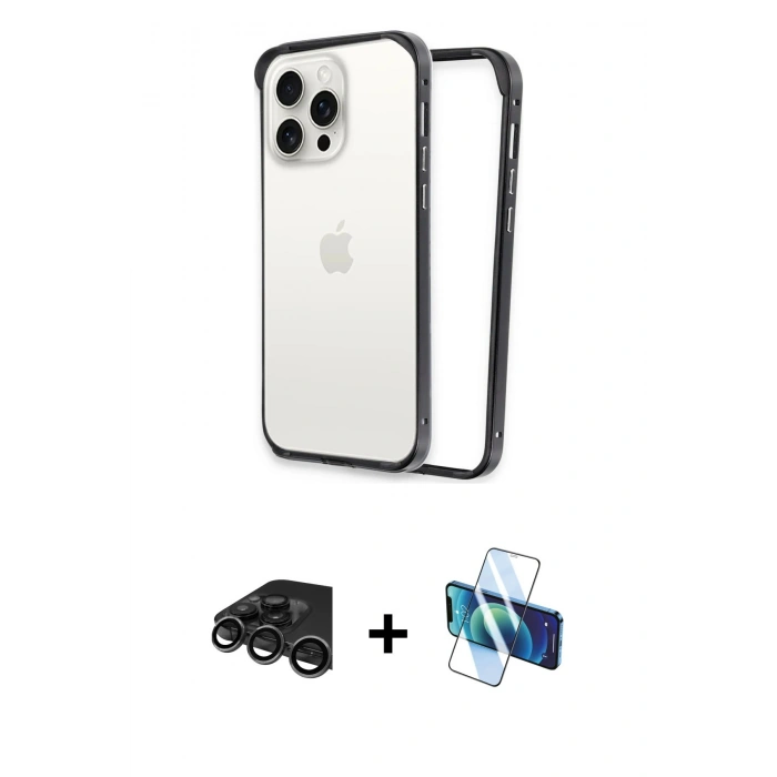 MARSİLYAN™- iPhone 15 Pro Kılıf Pusula Asil Koleksiyonu - Siyah 3D Antistatik Cam Ekran Koruyucu + Raze Metal Kamera Lens - TMGI