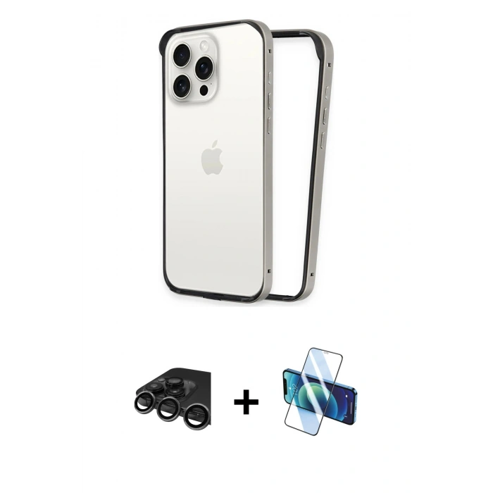 MARSİLYAN™- iPhone 15 Pro Kılıf Pusula Asil Koleksiyonu - Siyah 3D Antistatik Cam Ekran Koruyucu + Raze Metal Kamera Lens - TMGI