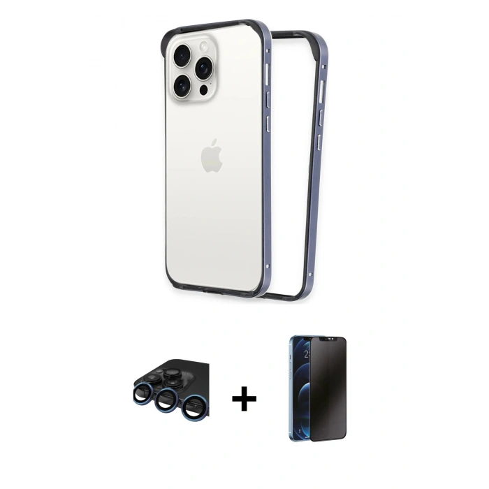 MARSİLYAN™- iPhone 15 Pro Kılıf Pusula Asil Koleksiyonu - Siyah 3D Antistatik Hayalet Cam Ekran Koruyucu + Raze Metal Kamera Lens - LT
