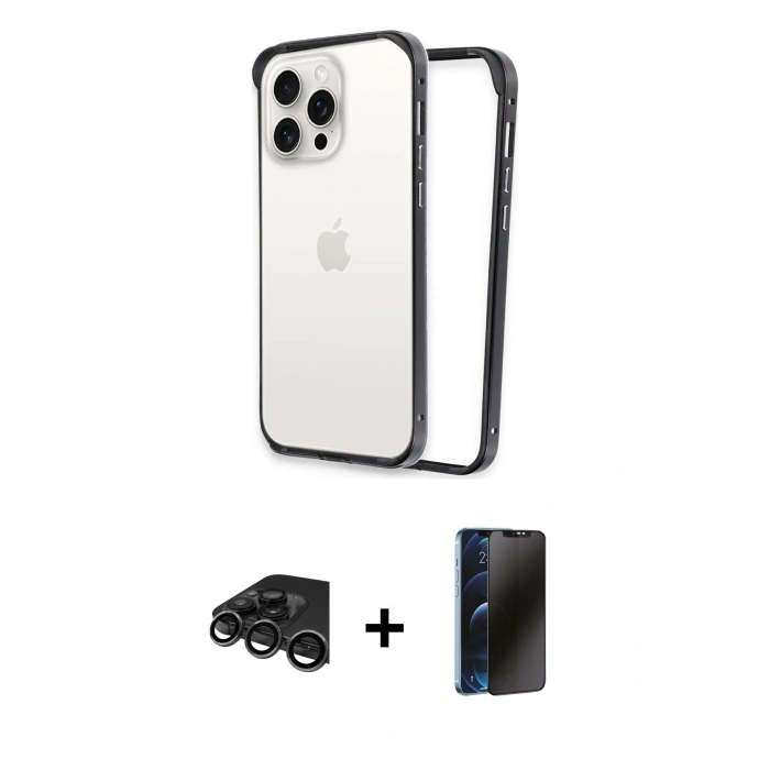 MARSİLYAN™- iPhone 15 Pro Kılıf Pusula Asil Koleksiyonu - Siyah 3D Antistatik Hayalet Cam Ekran Koruyucu + Raze Metal Kamera Lens - TMGI