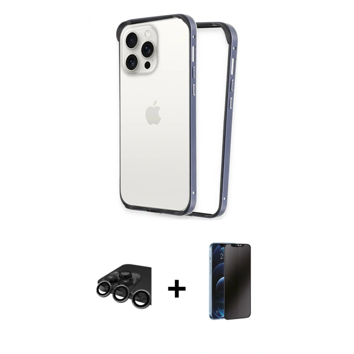 MARSİLYAN™- iPhone 15 Pro Kılıf Pusula Asil Koleksiyonu - Siyah 3D Antistatik Hayalet Cam Ekran Koruyucu + Raze Metal Kamera Lens - TMGI