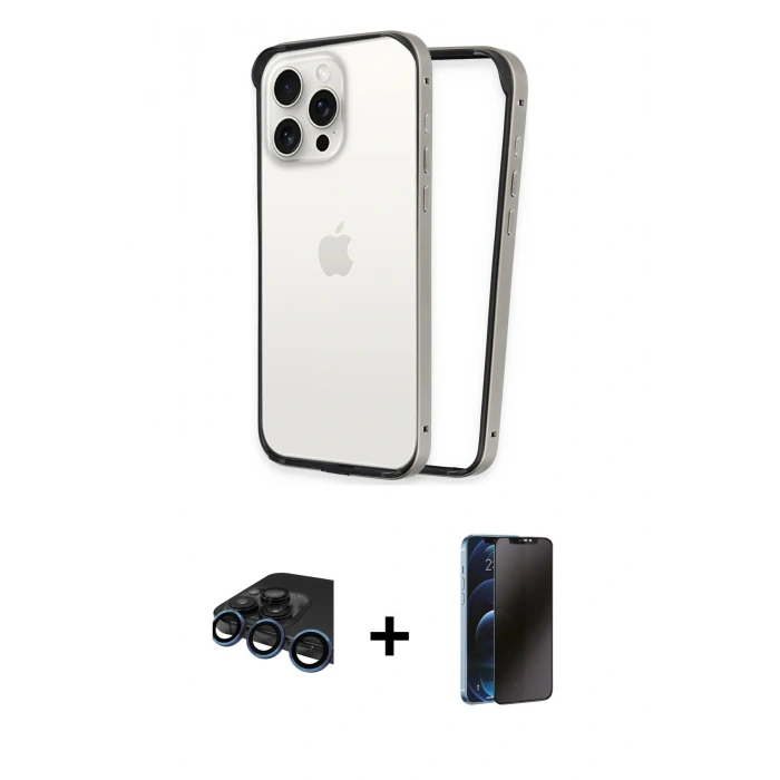 MARSİLYAN™- iPhone 15 Pro Kılıf Pusula Asil Koleksiyonu - Siyah 3D Antistatik Hayalet Cam Ekran Koruyucu + Raze Metal Kamera Lens - LT