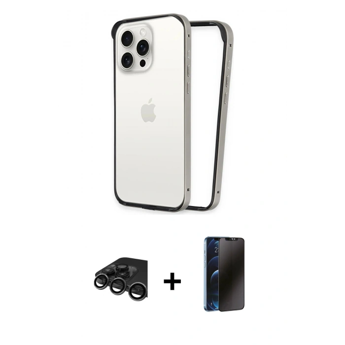 MARSİLYAN™- iPhone 15 Pro Kılıf Pusula Asil Koleksiyonu - Siyah 3D Antistatik Hayalet Cam Ekran Koruyucu + Raze Metal Kamera Lens - TMGI