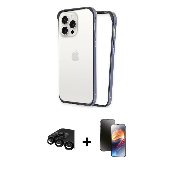 MARSİLYAN™- iPhone 15 Pro Kılıf Pusula Asil Koleksiyonu - Siyah 3D Antistatik Mat Seramik Nano Ekran Koruyucu + Raze Metal Kamera Lens - SH
