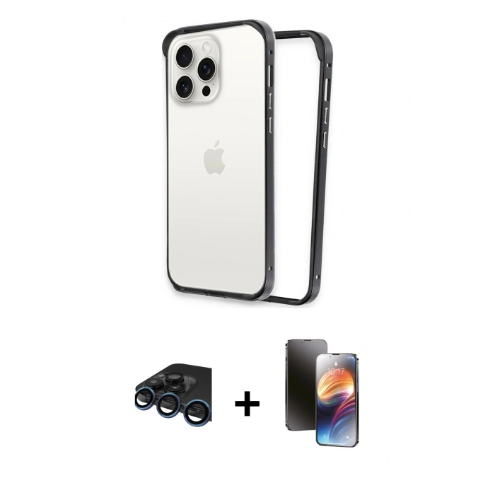 MARSİLYAN™- iPhone 15 Pro Kılıf Pusula Asil Koleksiyonu - Siyah 3D Antistatik Mat Seramik Nano Ekran Koruyucu + Raze Metal Kamera Lens - LT
