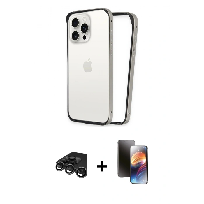 MARSİLYAN™- iPhone 15 Pro Kılıf Pusula Asil Koleksiyonu - Siyah 3D Antistatik Mat Seramik Nano Ekran Koruyucu + Raze Metal Kamera Lens - TMGI
