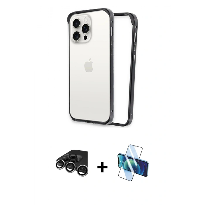 MARSİLYAN™- iPhone 15 Pro Kılıf Pusula Asil Koleksiyonu - Siyah 3D Antistatik Seramik Nano Ekran Koruyucu + Raze Metal Kamera Lens - GS