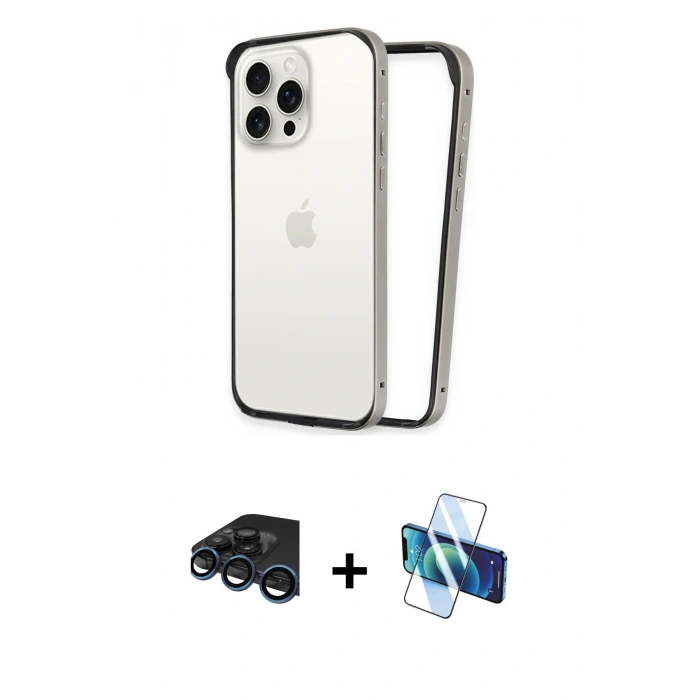 MARSİLYAN™- iPhone 15 Pro Kılıf Pusula Asil Koleksiyonu - Siyah 3D Antistatik Seramik Nano Ekran Koruyucu + Lacivert Raze Metal Kamera Lens