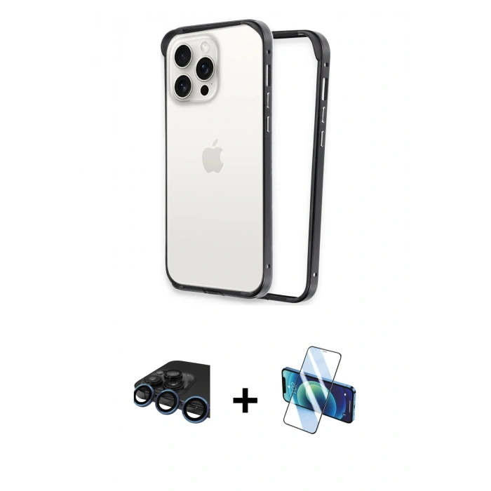 MARSİLYAN™- iPhone 15 Pro Kılıf Pusula Asil Koleksiyonu - Siyah 3D Antistatik Seramik Nano Ekran Koruyucu + Lacivert Raze Metal Kamera Lens