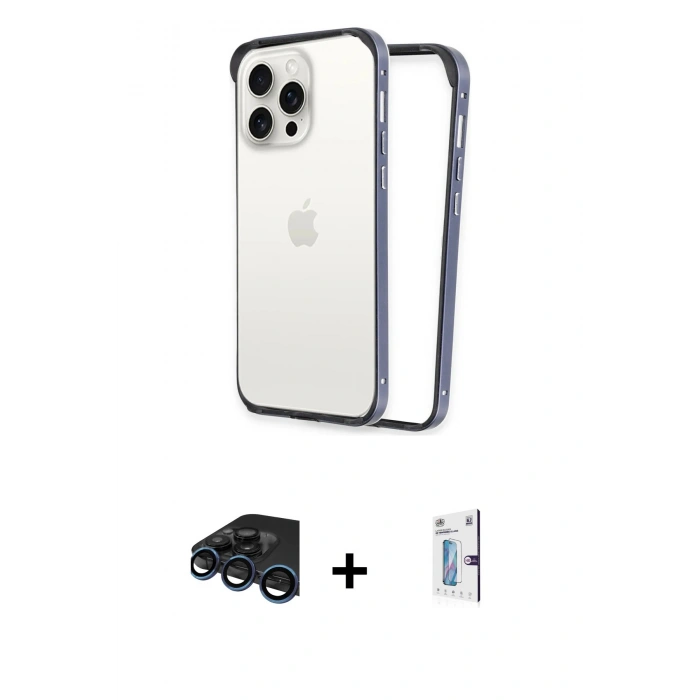 MARSİLYAN™- iPhone 15 Pro Kılıf Pusula Asil Koleksiyonu - Siyah Bilvis 0.18mm Plus Cam Ekran Koruyucu + Lacivert Raze Metal Kamera Lens