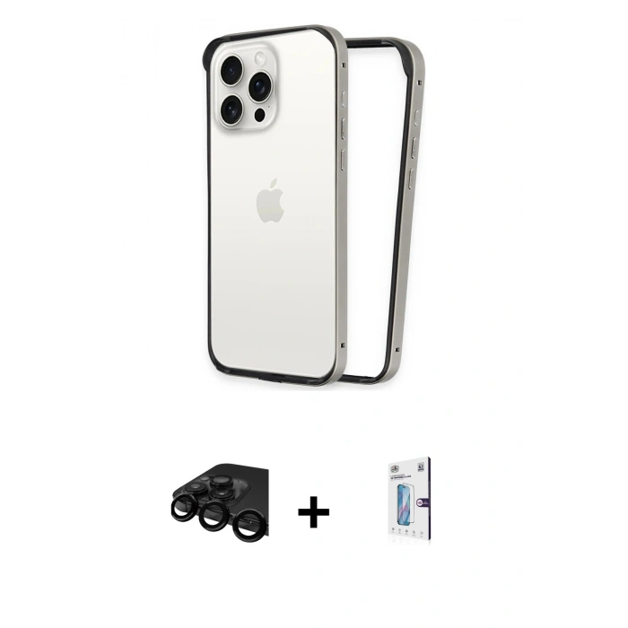 MARSİLYAN™- iPhone 15 Pro Kılıf Pusula Asil Koleksiyonu - Siyah Bilvis 0.18mm Plus Cam Ekran Koruyucu + Raze Metal Kamera Lens - SH