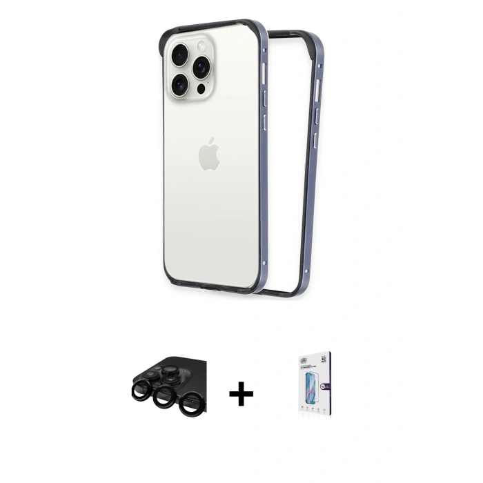 MARSİLYAN™- iPhone 15 Pro Kılıf Pusula Asil Koleksiyonu - Siyah Bilvis 0.18mm Plus Cam Ekran Koruyucu + Raze Metal Kamera Lens - SH
