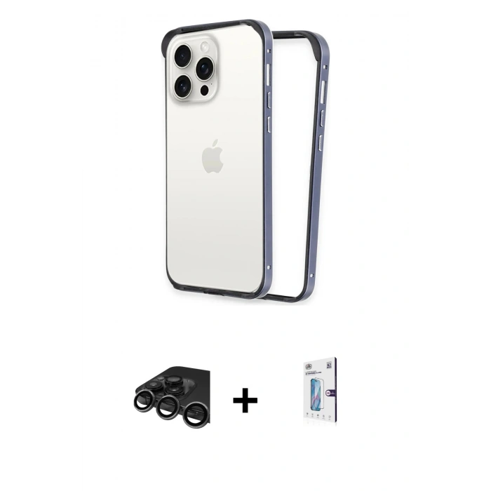 MARSİLYAN™- iPhone 15 Pro Kılıf Pusula Asil Koleksiyonu - Siyah Bilvis 0.18mm Plus Cam Ekran Koruyucu + Raze Metal Kamera Lens - TMGI