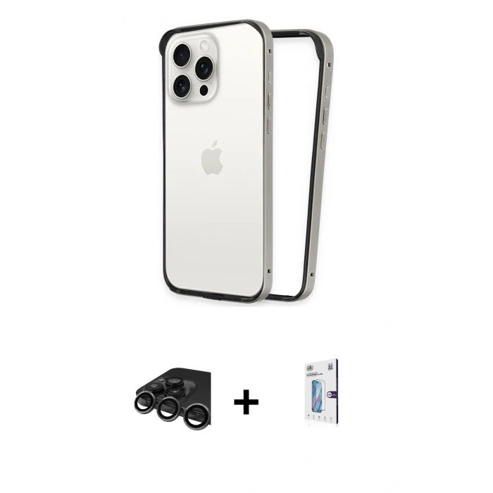 MARSİLYAN™- iPhone 15 Pro Kılıf Pusula Asil Koleksiyonu - Siyah Bilvis 0.18mm Plus Cam Ekran Koruyucu + Raze Metal Kamera Lens - TMGI