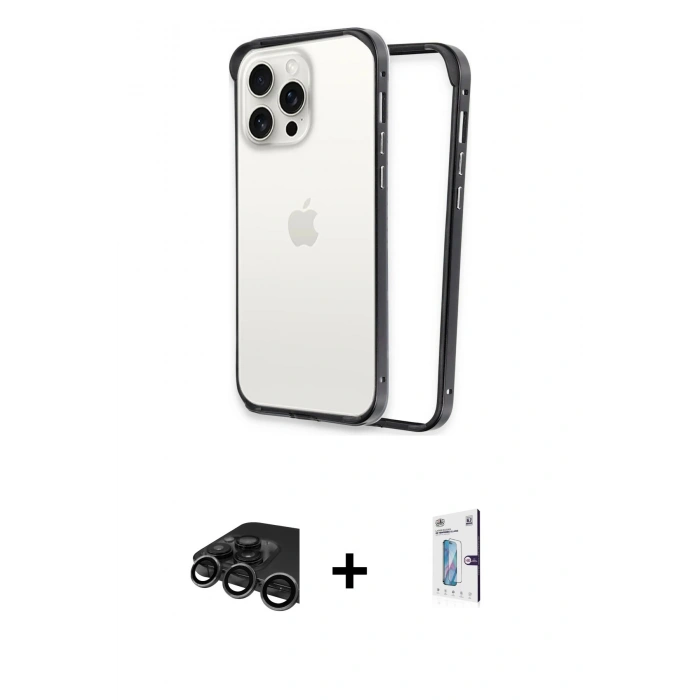 MARSİLYAN™- iPhone 15 Pro Kılıf Pusula Asil Koleksiyonu - Siyah Bilvis 0.18mm Plus Cam Ekran Koruyucu + Raze Metal Kamera Lens - TMGI