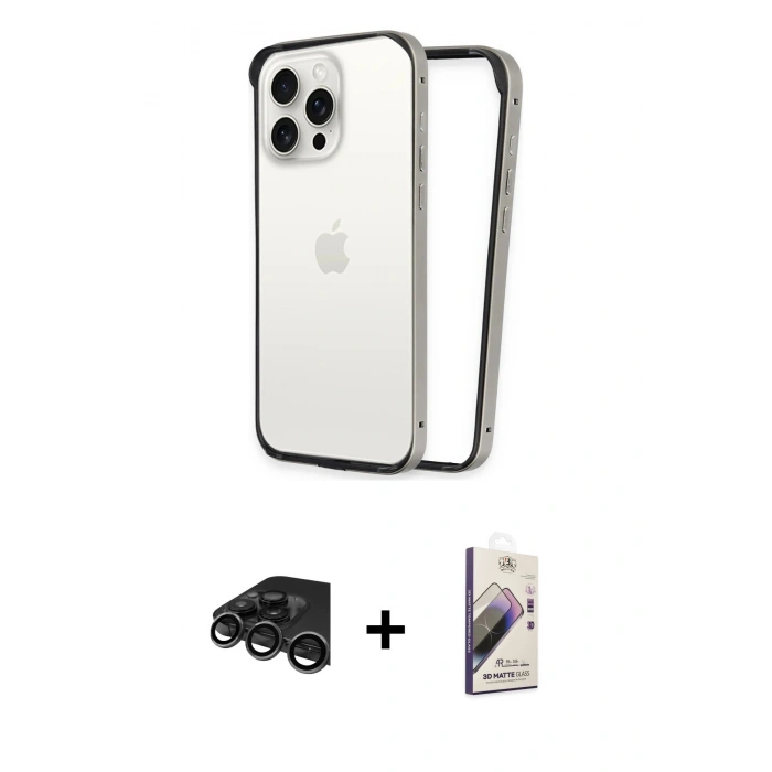 MARSİLYAN™- iPhone 15 Pro Kılıf Pusula Asil Koleksiyonu - Siyah Bilvis 3D Mat Cam Ekran Koruyucu + Raze Metal Kamera Lens - TMGI