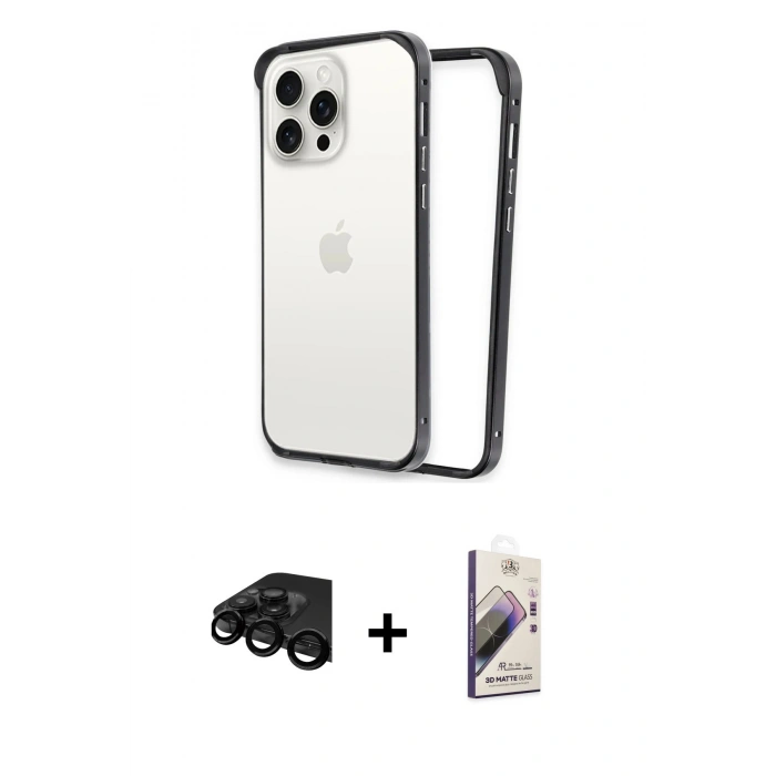 MARSİLYAN™- iPhone 15 Pro Kılıf Pusula Asil Koleksiyonu - Siyah Bilvis 3D Mat Cam Ekran Koruyucu + Raze Metal Kamera Lens - SH