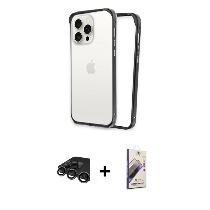 MARSİLYAN™- iPhone 15 Pro Kılıf Pusula Asil Koleksiyonu - Siyah Bilvis 3D Mat Cam Ekran Koruyucu + Raze Metal Kamera Lens - TMGI