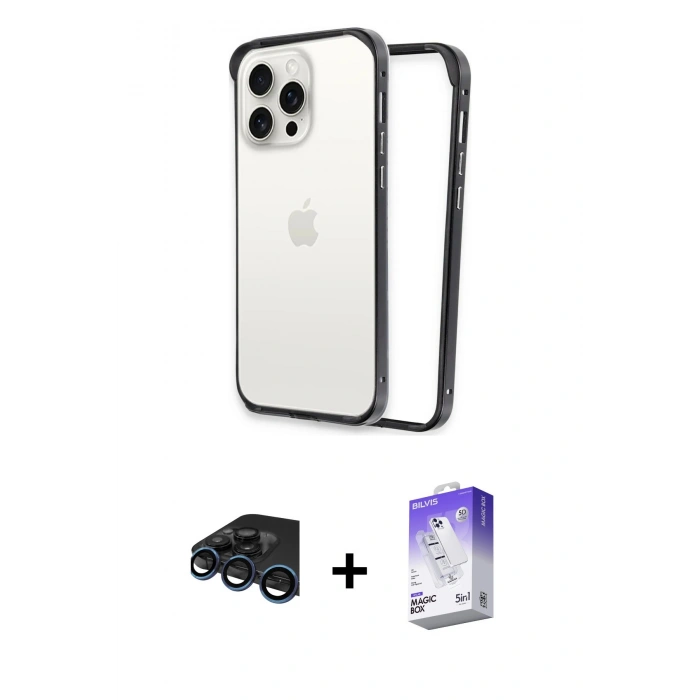 MARSİLYAN™- iPhone 15 Pro Kılıf Pusula Asil Koleksiyonu - Siyah Bilvis 5in1 3D Magic Cam Ekran Koruyucu + Raze Metal Kamera Lens - LT