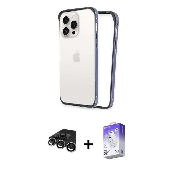 MARSİLYAN™- iPhone 15 Pro Kılıf Pusula Asil Koleksiyonu - Siyah Bilvis 5in1 3D Magic Cam Ekran Koruyucu + Raze Metal Kamera Lens - GS