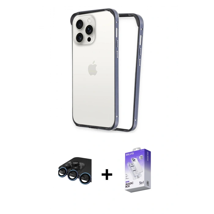 MARSİLYAN™- iPhone 15 Pro Kılıf Pusula Asil Koleksiyonu - Siyah Bilvis 5in1 3D Magic Cam Ekran Koruyucu + Raze Metal Kamera Lens - LT