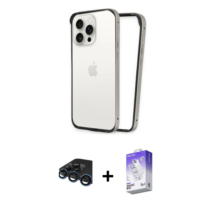 MARSİLYAN™- iPhone 15 Pro Kılıf Pusula Asil Koleksiyonu - Siyah Bilvis 5in1 3D Magic Cam Ekran Koruyucu + Raze Metal Kamera Lens - LT