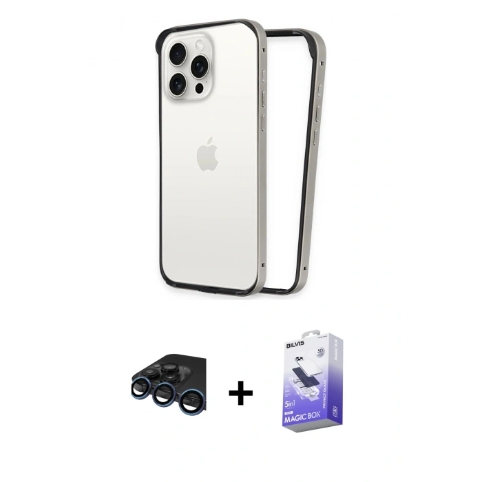 MARSİLYAN™- iPhone 15 Pro Kılıf Pusula Asil Koleksiyonu - Siyah Bilvis 5in1 5D Magic Hayalet Cam Ekran Koruyucu + Raze Metal Kamera Lens - LT