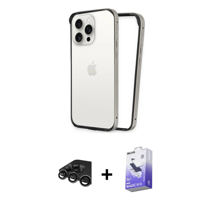 MARSİLYAN™- iPhone 15 Pro Kılıf Pusula Asil Koleksiyonu - Siyah Bilvis 5in1 5D Magic Hayalet Cam Ekran Koruyucu + Raze Metal Kamera Lens - TMGI