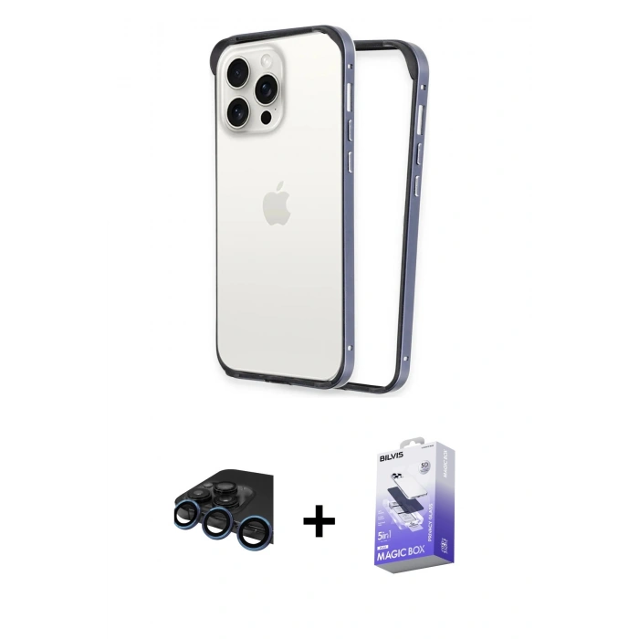 MARSİLYAN™- iPhone 15 Pro Kılıf Pusula Asil Koleksiyonu - Siyah Bilvis 5in1 5D Magic Hayalet Cam Ekran Koruyucu + Raze Metal Kamera Lens - LT