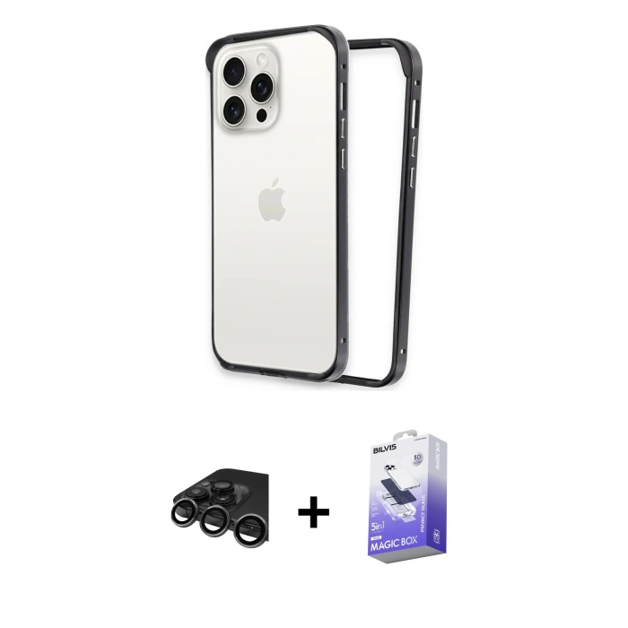 MARSİLYAN™- iPhone 15 Pro Kılıf Pusula Asil Koleksiyonu - Siyah Bilvis 5in1 5D Magic Hayalet Cam Ekran Koruyucu + Raze Metal Kamera Lens - TMGI