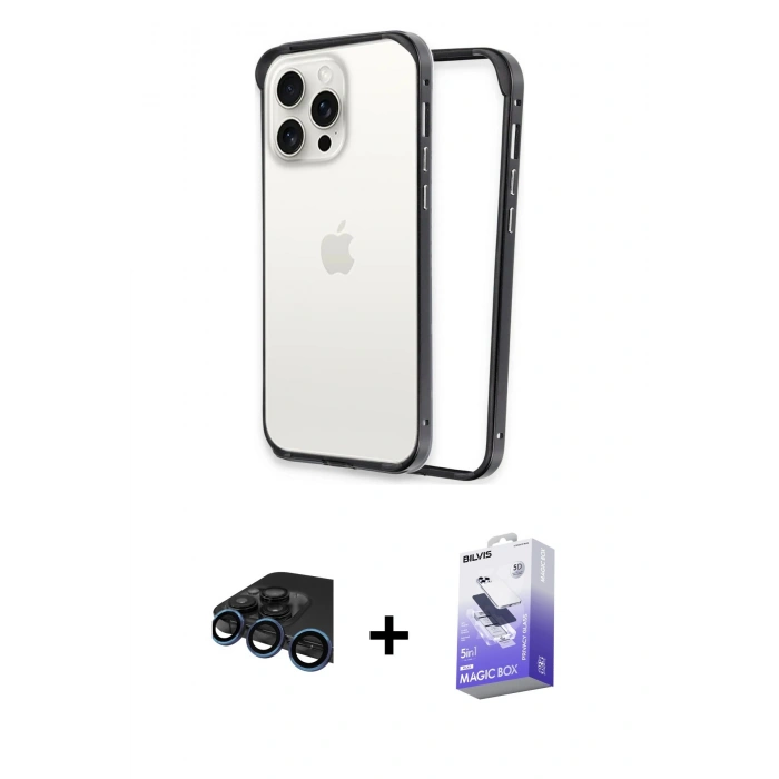 MARSİLYAN™- iPhone 15 Pro Kılıf Pusula Asil Koleksiyonu - Siyah Bilvis 5in1 5D Magic Hayalet Cam Ekran Koruyucu + Raze Metal Kamera Lens - LT