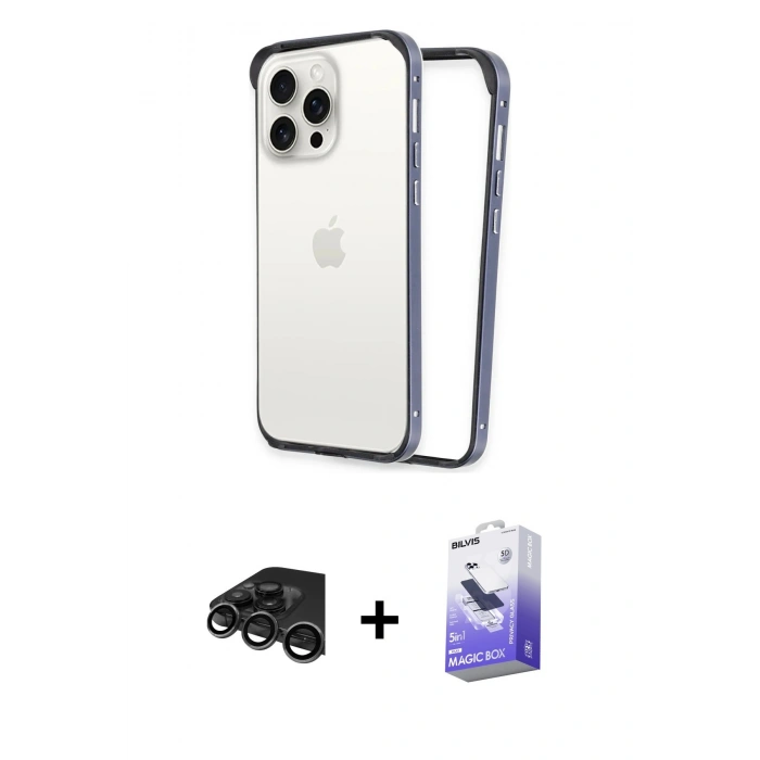 MARSİLYAN™- iPhone 15 Pro Kılıf Pusula Asil Koleksiyonu - Siyah Bilvis 5in1 5D Magic Hayalet Cam Ekran Koruyucu + Raze Metal Kamera Lens - TMGI