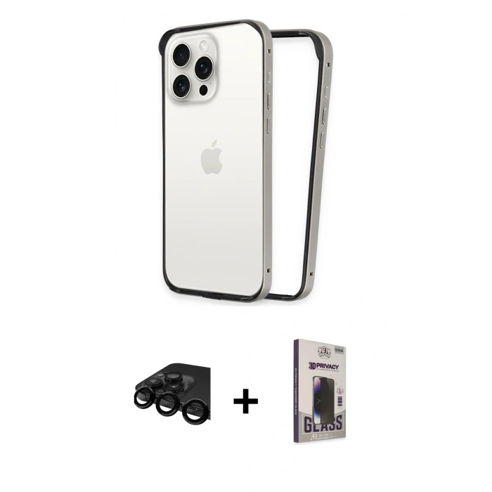 MARSİLYAN™- iPhone 15 Pro Kılıf Pusula Asil Koleksiyonu - Siyah Bilvis Hayalet Cam Ekran Koruyucu + Raze Metal Kamera Lens - SH