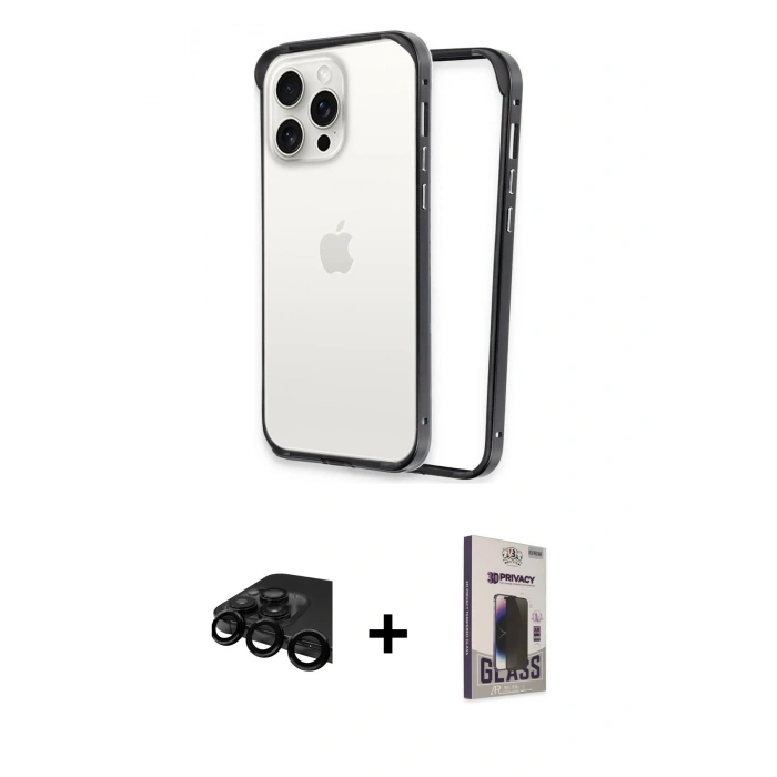 MARSİLYAN™- iPhone 15 Pro Kılıf Pusula Asil Koleksiyonu - Siyah Bilvis Hayalet Cam Ekran Koruyucu + Raze Metal Kamera Lens - SH