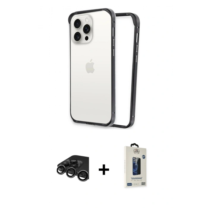 MARSİLYAN™- iPhone 15 Pro Kılıf Pusula Asil Koleksiyonu - Siyah Bilvis Hayalet Cam Ekran Koruyucu + Raze Metal Kamera Lens - TMGI