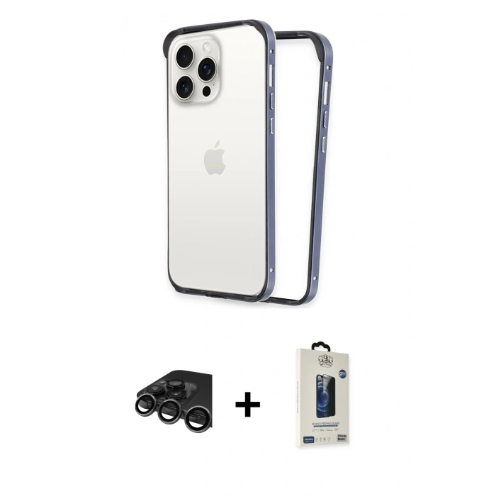 MARSİLYAN™- iPhone 15 Pro Kılıf Pusula Asil Koleksiyonu - Siyah Bilvis Hayalet Cam Ekran Koruyucu + Raze Metal Kamera Lens - TMGI