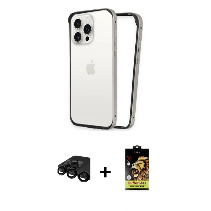 MARSİLYAN™- iPhone 15 Pro Kılıf Pusula Asil Koleksiyonu - Siyah Buffer Cam Ekran Koruyucu + Raze Metal Kamera Lens - SH